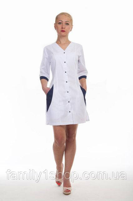Жіночий білий медичний халат з синіми вставками, халат на кнопках і з V-подібним вирізом горловини, 42-56.