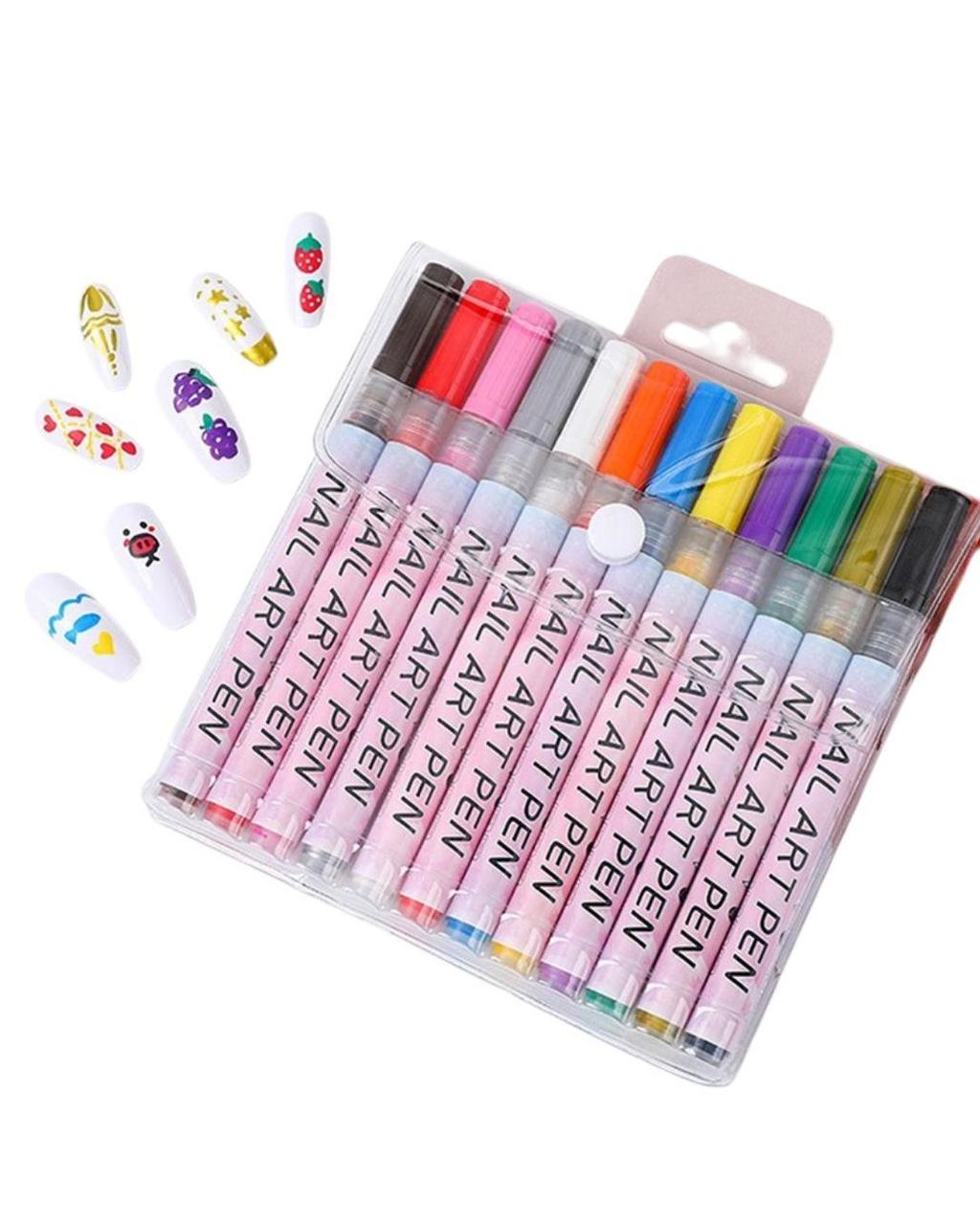 Фломастеры для рисунков на ногтях Nail Art Pen 12 цветов, водостойкие, яркие, торговая марка LEADER, Китай, фото 1