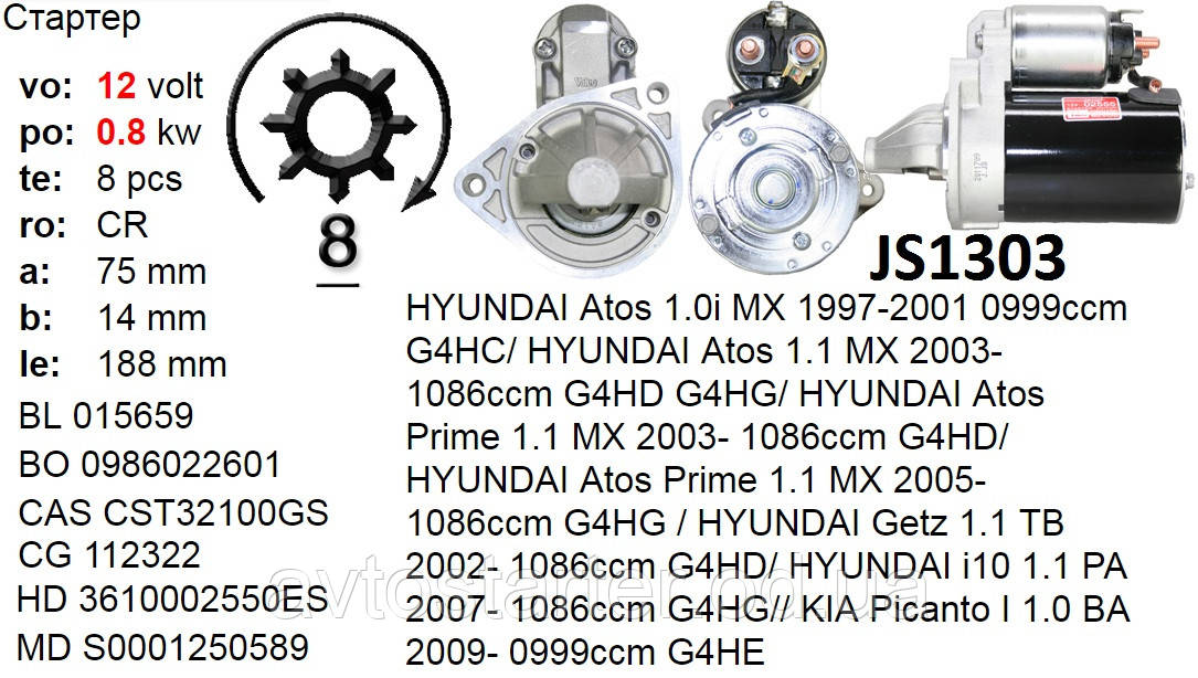 Стартер HYUNDAI Atos Prime Getz i10 KIA Picanto 1.0i 1.1 оригінальний Valeo, фото 1