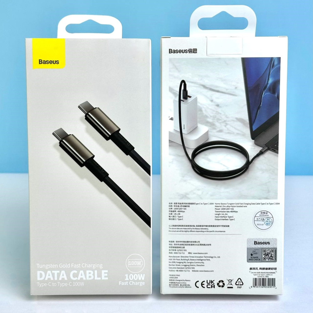 Data Cable Baseus Tungsten Gold Type-C to Type-C 100W 1m (CATWJ-01), фото 1