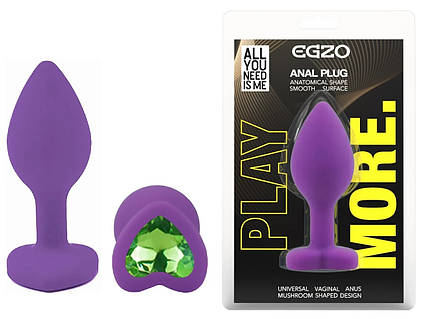 Анальная пробка EGZO Violet Heart Plug S, фиолетовая, зелёный кристалл, силиконовая Sex Aura