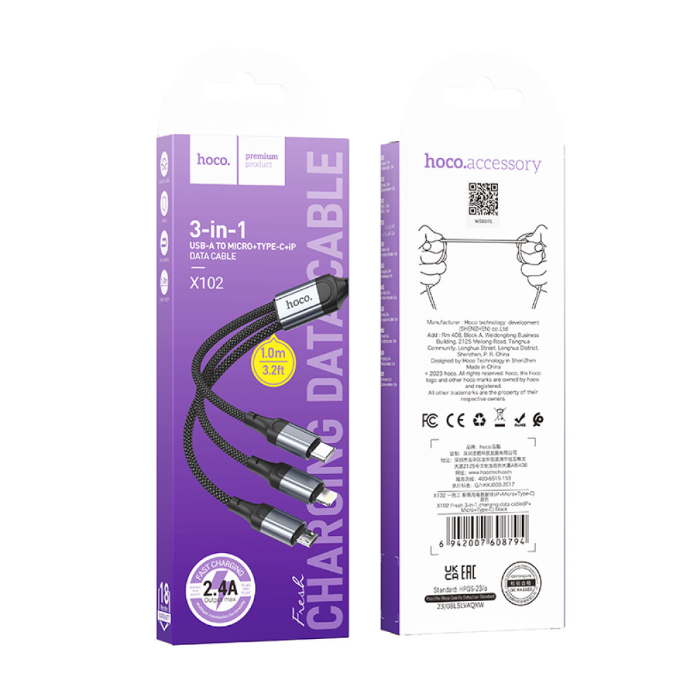 Data Cable Hoco X102 Fresh 3in1 Lightning+Micro+Type-C 2.4A 1m, фото 1