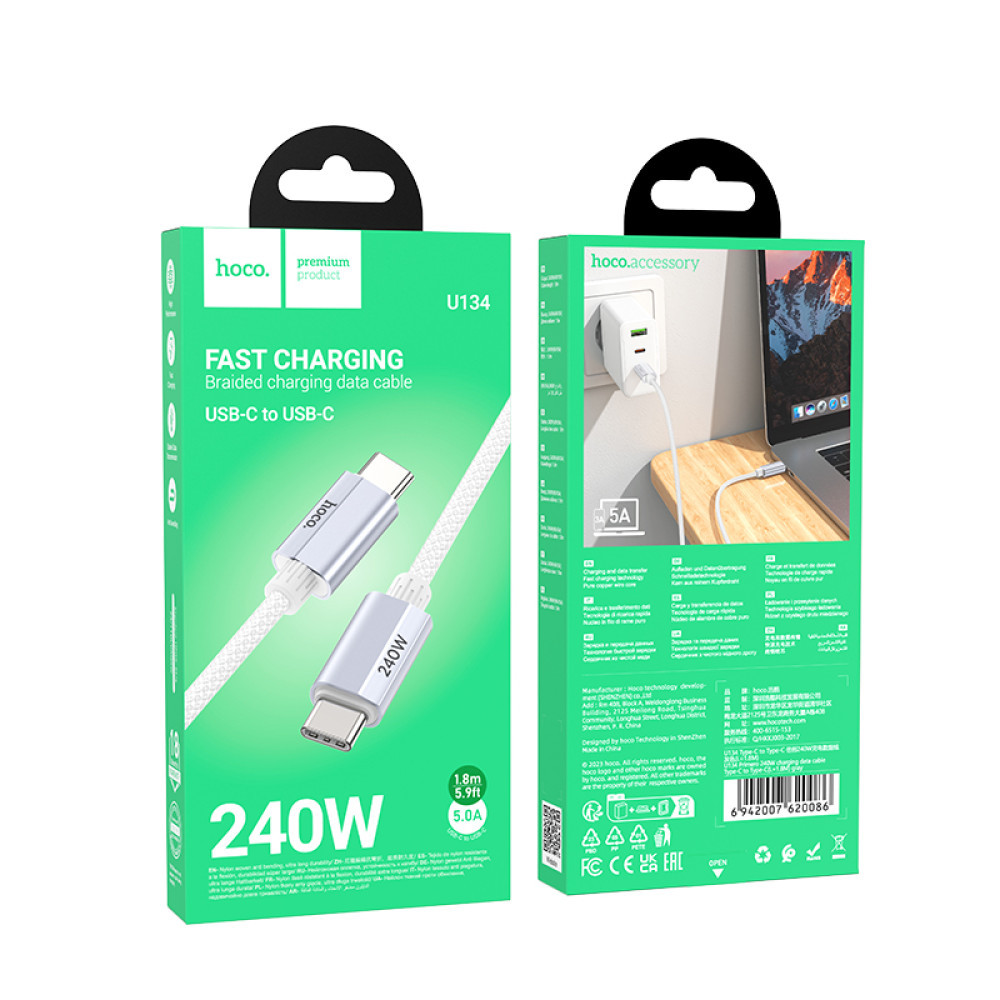 Data Cable Hoco U134 Primero Type-C to Type-C 240W 1.8m, фото 1
