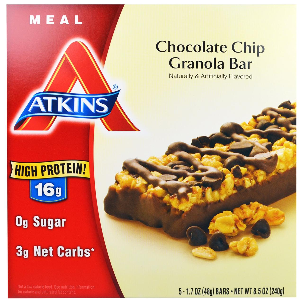 Atkins, Повноцінна їжа, зерновий батончик з шматочками шоколаду, 5 батончиків, по 48 г кожен