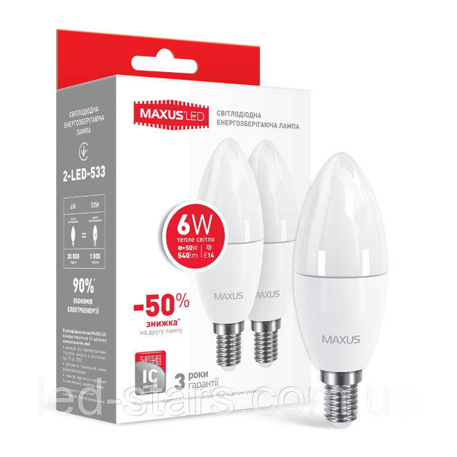 Набір LED ламп MAXUS C37 6W м'яке світло 220 V E14 (по 2 шт.) (2-LED-533) (NEW)