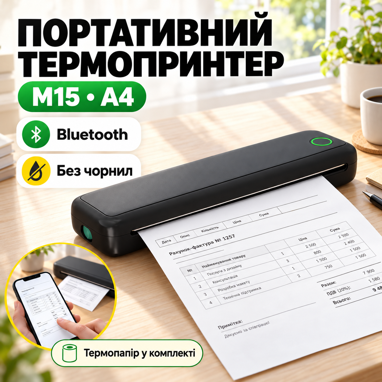 Принтер (A-43) (+ рулон термопаперу А4, АРР, Bluetooth, акумулятор), фото 1