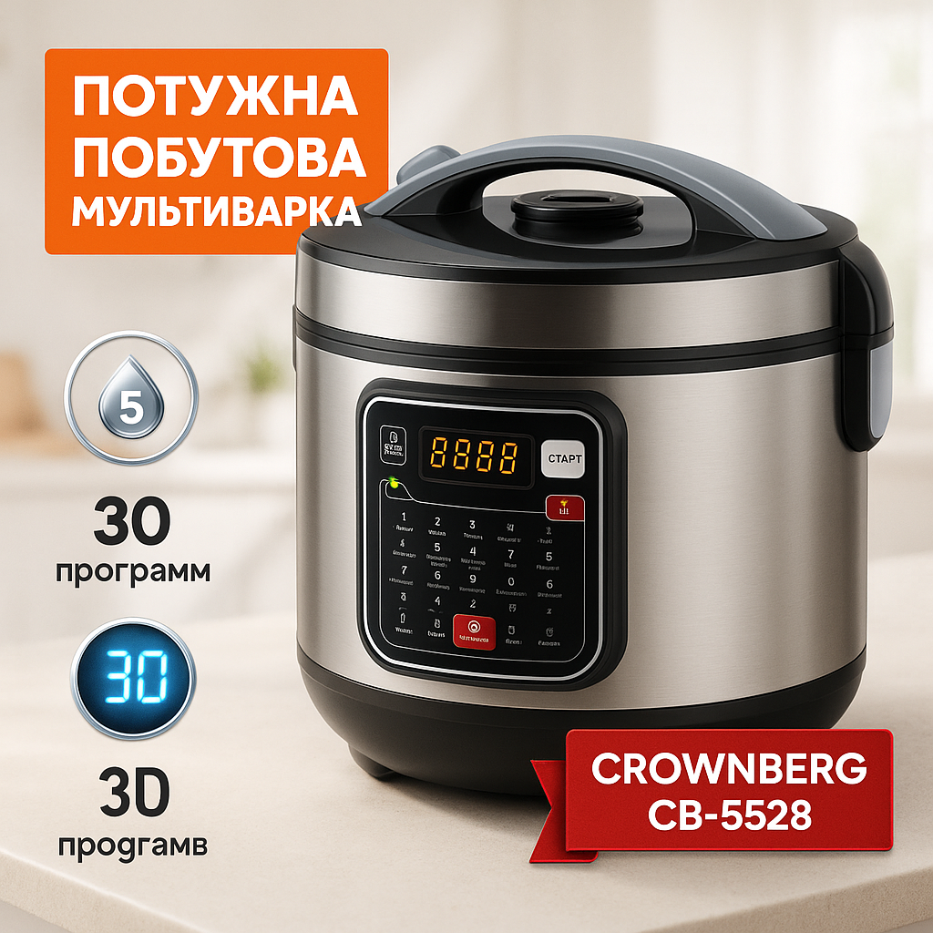 Мультиварка 30 програм Crownberg CB-5528 5л 1000Вт електронне керування з дисплеєм та функцією скороварки BQ-97