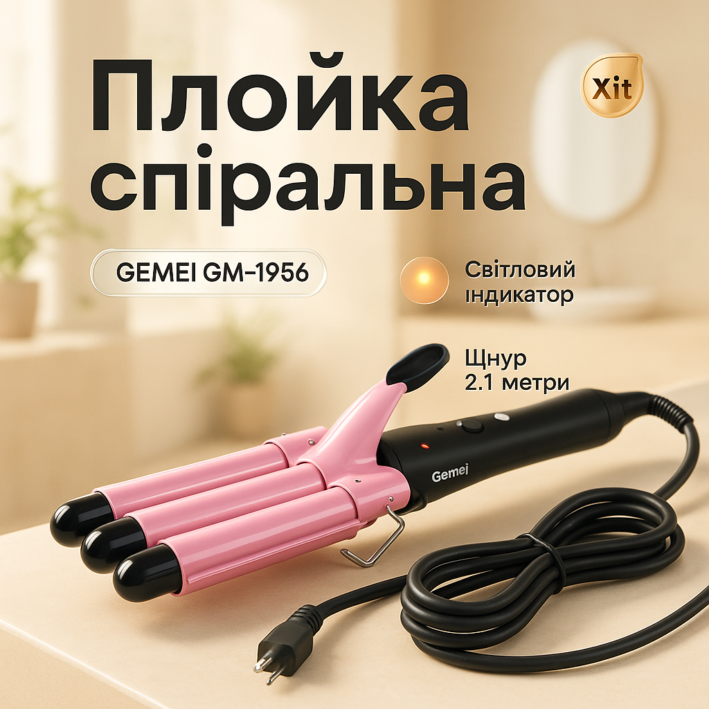 Потрійна плойка GEMEI GM-1956 65Вт, праска для завивки волосся, плойка для прикореневого об'єму IP-44, фото 1