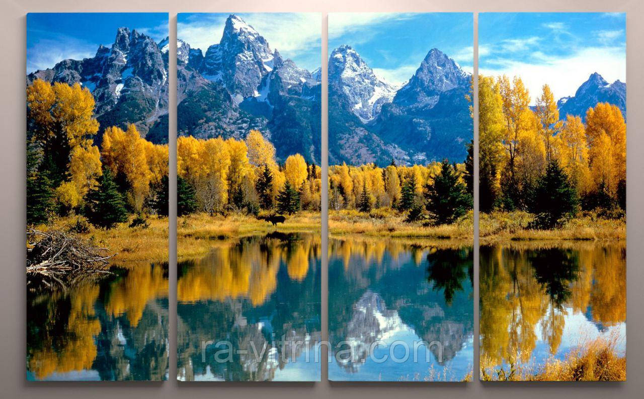 Настенный декор картина из частей печатьна холсте Красивый пейзаж Горы осенью Осень над водой 120х60 из 4х - фото 1 - id-p529444212