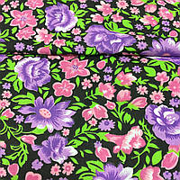 Тканина з рожевими та фіолетовими кольорами на чорному тлі, ш. 150 см