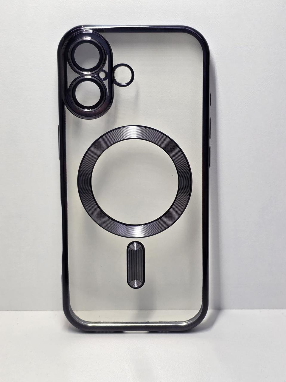 Чехол iPhone 16 Plus Прозрачный хром MagSafe черный, фото 1
