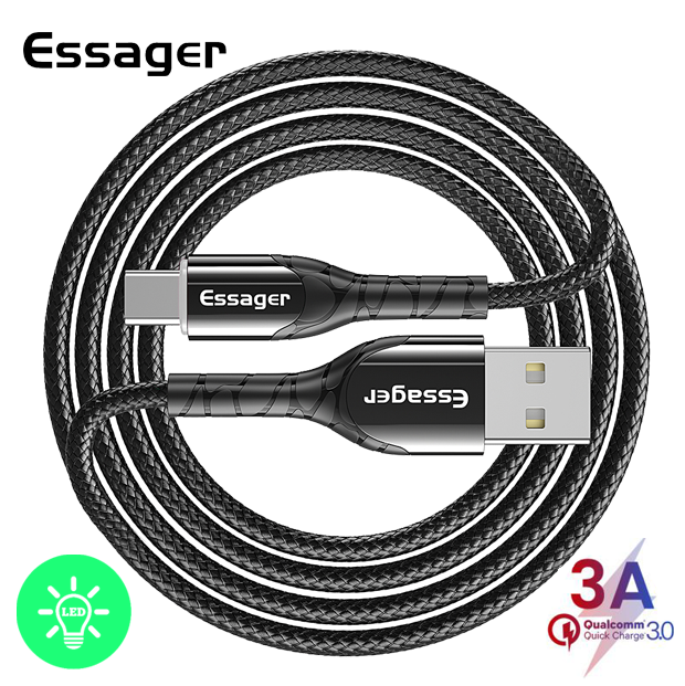 

Зарядный кабель Zink чёрный с подсветкой ESSAGER USB Type-C 3A 1метр, Черный