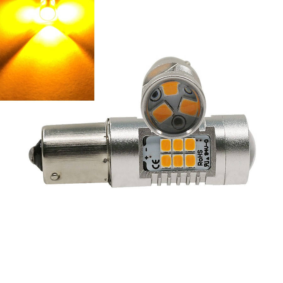 

Автомобильная LED лампа P21W S25 12-24V 21smd 2835 (Смещенный Цоколь) светодиодная с линзой, желтый цвет света