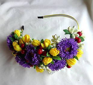 Обруч для волосся з квітами ручної роботи "Маргаритки з крокусами"