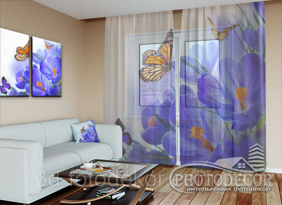 Фото тюль "Метелики і крокуси" (2,5м*4,5м, на довжину карниза 3,0м)