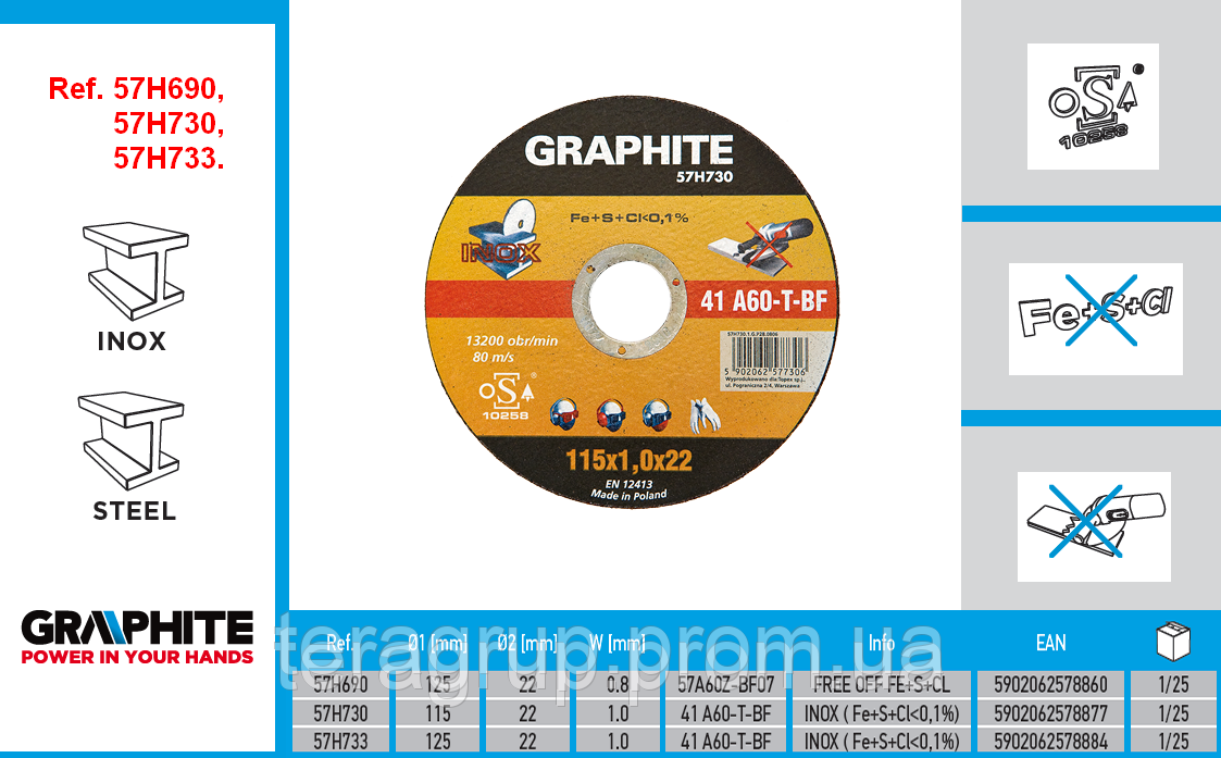 Диск відрізний, GRAPHITE 57H690 — 57H730 — 57H733, 57H700 — 57H738, 57H714 — 57H717, 57H720 — 57H722 — 57H725.