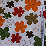 Тканина декоративна з тефлоновим просоченням з жовтогарячими, червоними та коричневими квітами, фото 3
