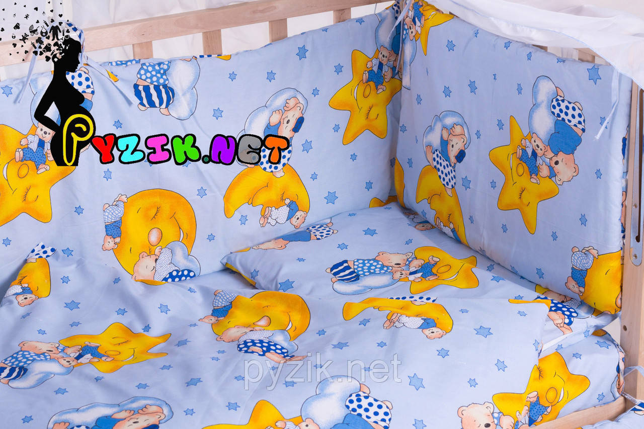 Постельный набор в детскую кроватку (8 предметов) Premium "Мишки на луне" синий - фото 6 - id-p485768171