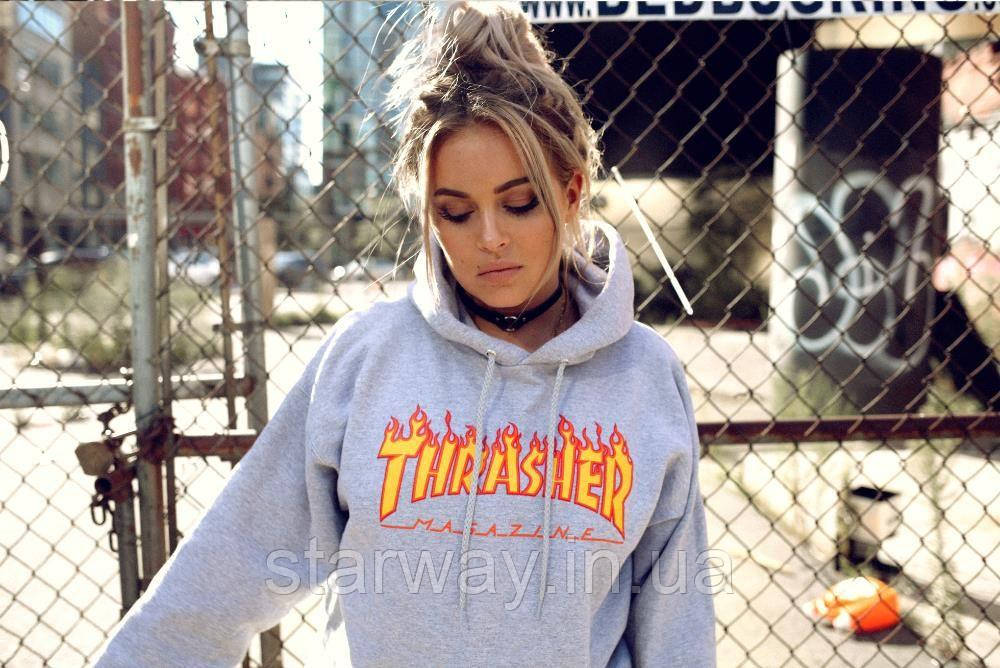 Жіноча сіра толстовка з принтом thrasher | худі трешер