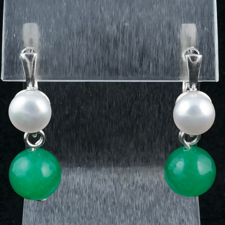 Нефрит і перли, срібло 925, сережки, 126СРН