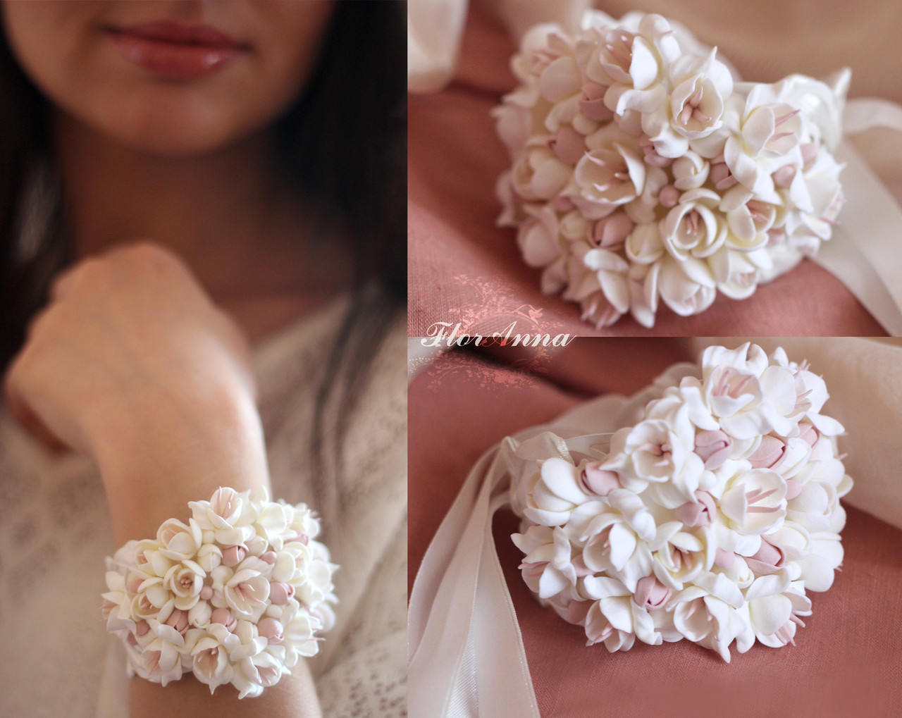 Весільний браслет з квітів для нареченої ручної роботи "Пряжене молоко"