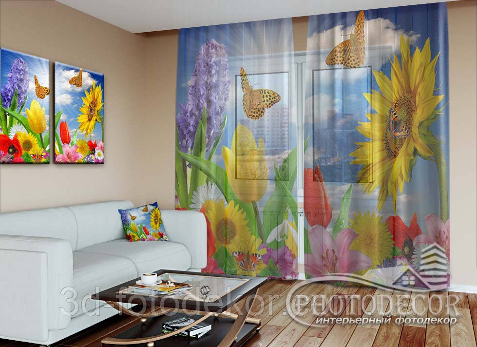 Фото Тюль "Квіти і метелики" - будь-який розмір. Читаємо опис!, фото 1