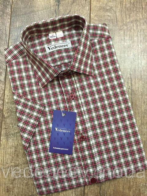 Чоловіча сорочка бордового кольору в клітку з коротким рукавом, фото 1