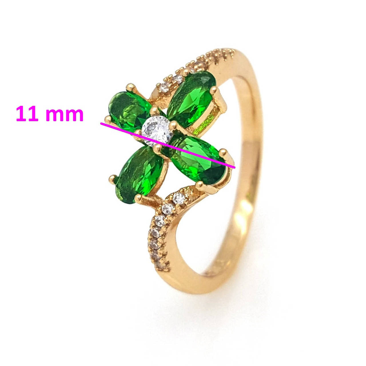 

Кольцо Четырехлистник с зеленым цирконием, p. 17, р. 18, р. 18,5 р. 19,5, позолота Xuping 18К