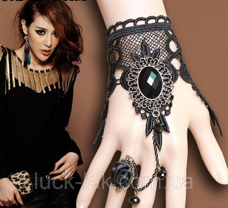 Браслет мереживо з кільцем і кавошоном, широкий готика чорний, фото 1