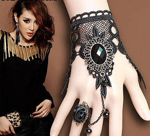 Браслет мереживо з кільцем і кавошоном, широкий готика чорний