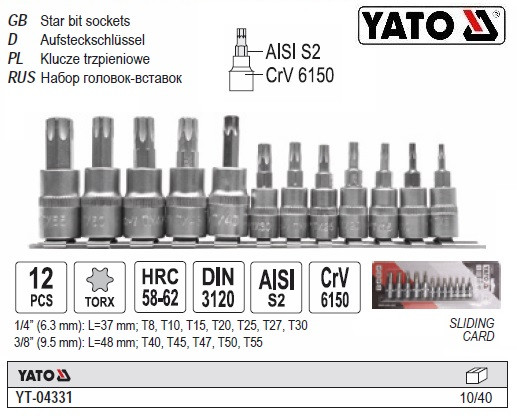 Набір головок зі вставкою TORX 1/4": Т8-Т30 3/8": Т40 - Т55 12 штук YT-04331