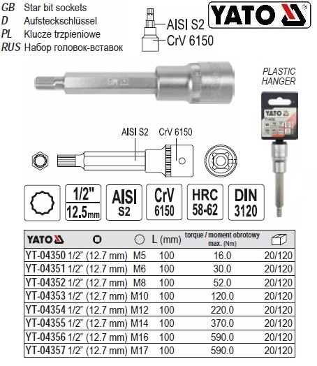 Головка торцева вставка SPLINE 1/2" M10х100 мм YATO YT-04353