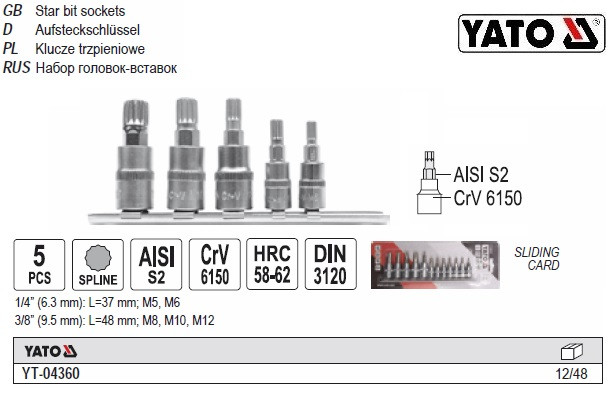 Набір головок зі вставкою SPLINE 1/4": M5,M6 3/8": M8,10, 12 5 штук YT-04360