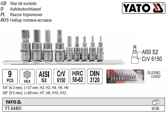 Набір головок 6 граней 1/2" 3/8" М2 - М12 9 штук YT-04401