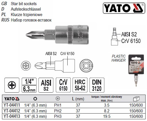 Головка торцева 1/4" вставка PH1 l-37 мм YATO YT-04411