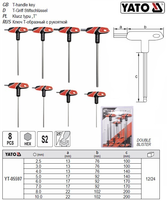 Набір ключ 6 гранний куля ручка HEX 8 штук YATO-05597