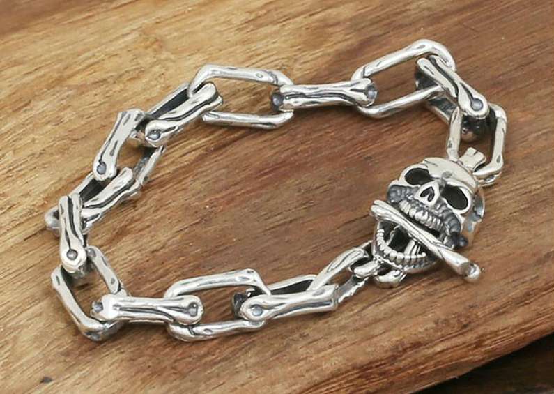 Мужской серебряный браслет байкерский Череп с костями 22,5 см 32 грамма - фото 3 - id-p535409899