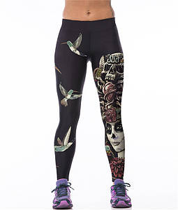 Красиві жіночі легінси для спорту з малюнком 3д Жіночий череп і колібрі чорні