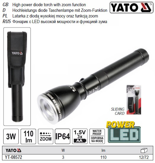 Ліхтар YATO Польща діодний водонепроникний 3 Вт 3 режими YT-08572