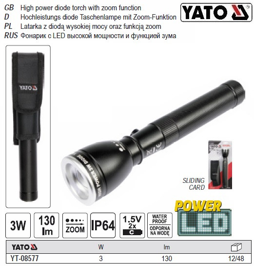 Ліхтар YATO діодний водонепроникний 3 Вт, 3 режими YT-08577
