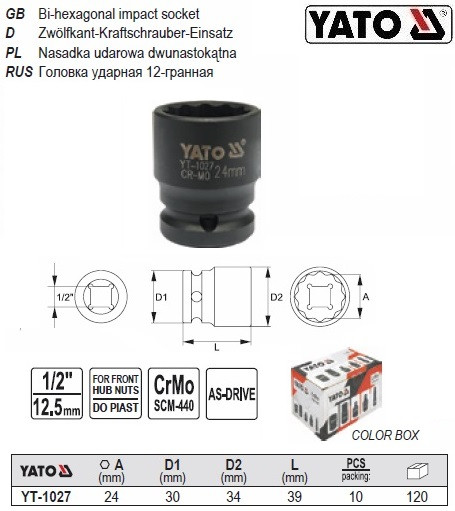 Головка ударна для ступиць 12 гранна 1/2" М24х39 мм Польща YATO YT-1027