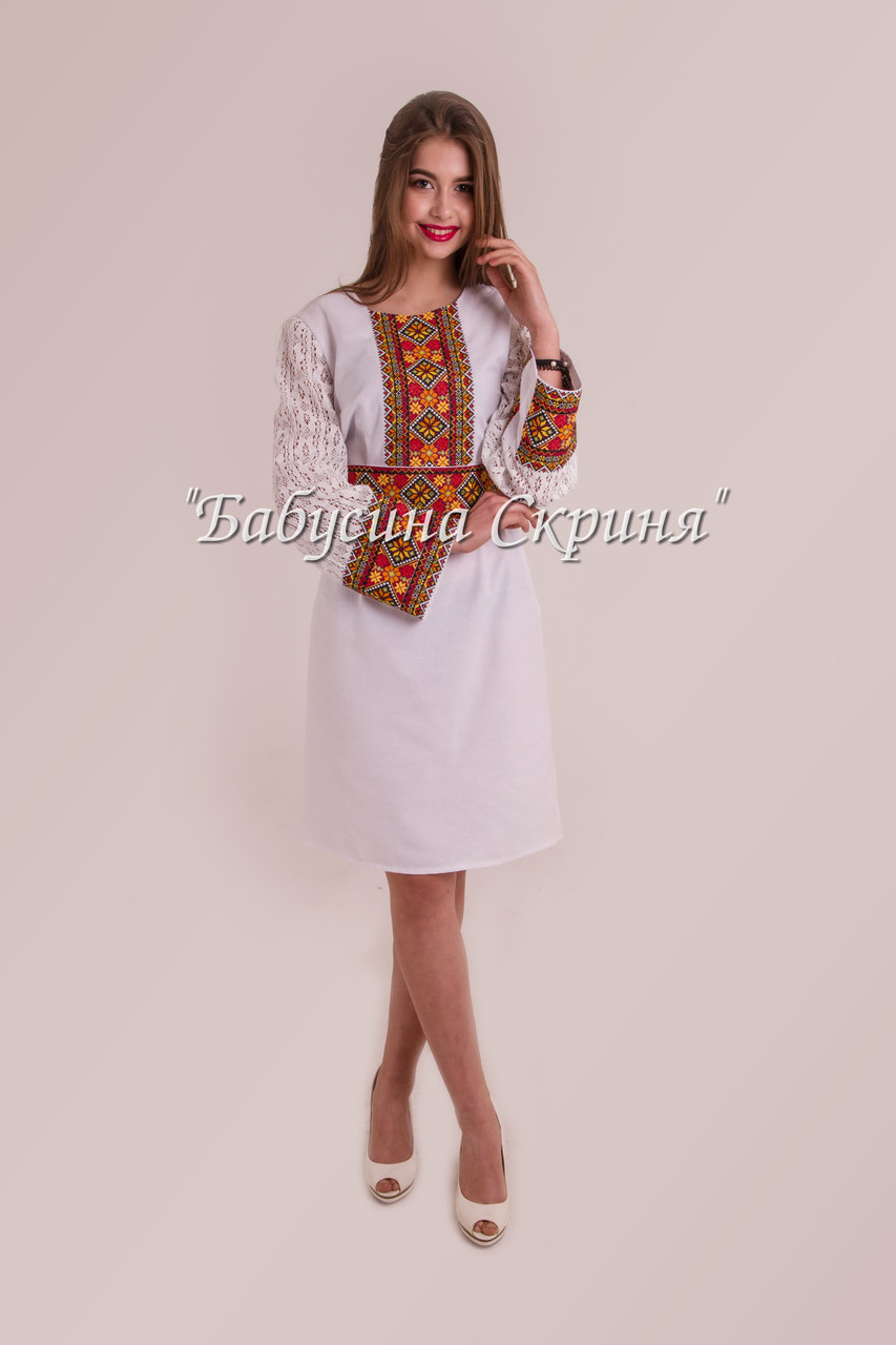 Заготовка жіночої сукні для вишивки нитками/бісером БС-122с білий, домоткане полотно