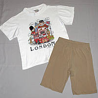 Летний комплект на мальчика 7-9 лет: футболка и бежевые шорты р. 122-128