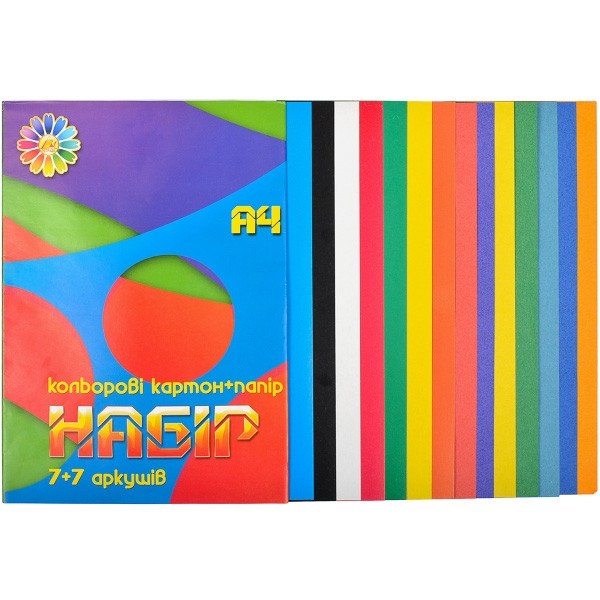 Кольоровий картон + кольоровий папір Усі кольори веселки А4 7+7 тетрада