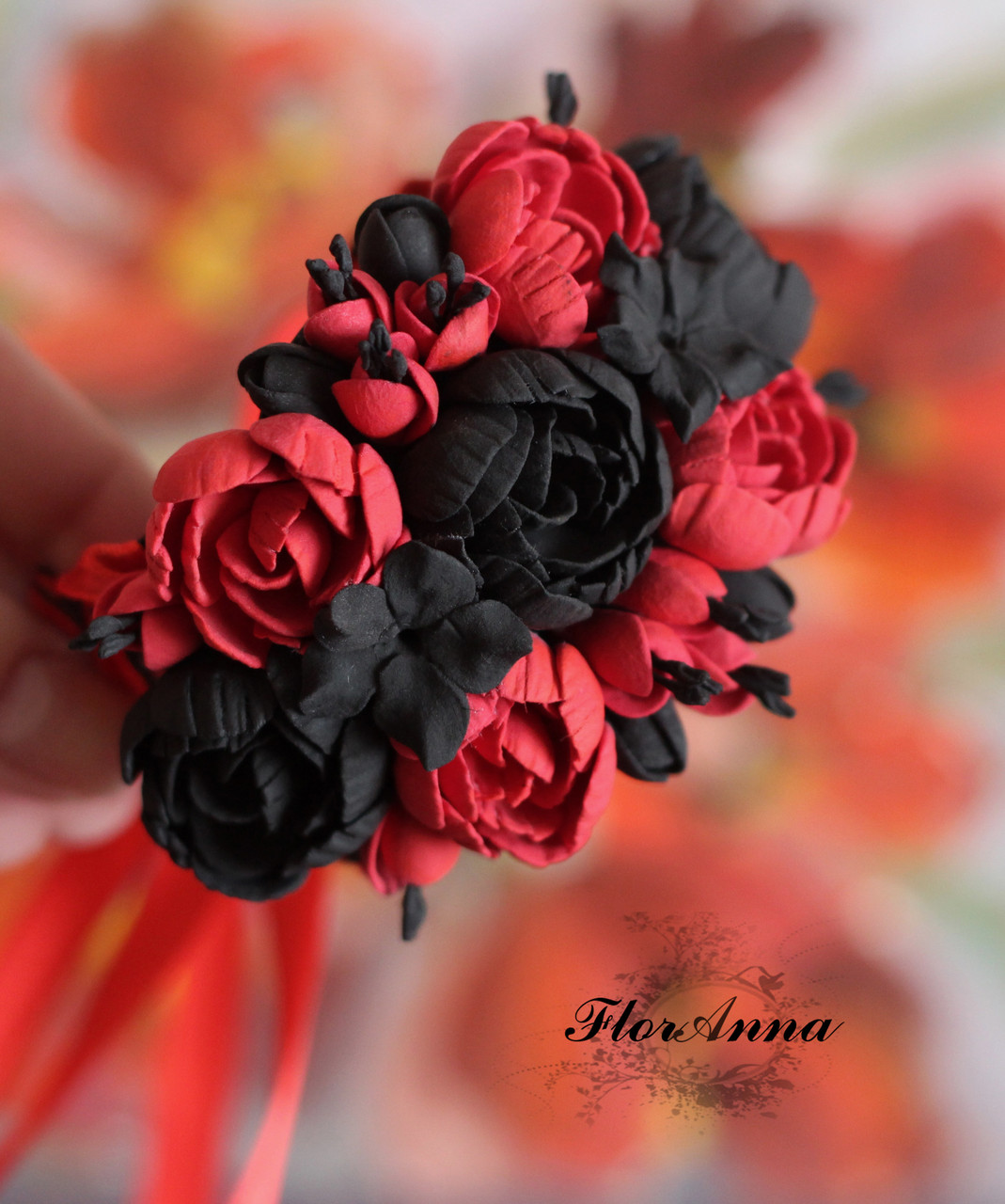 Красно-черный браслет с цветами из полимерной глины. Браслет для свидетельницы или подружки невесты "Кармен" - фото 3 - id-p538412708