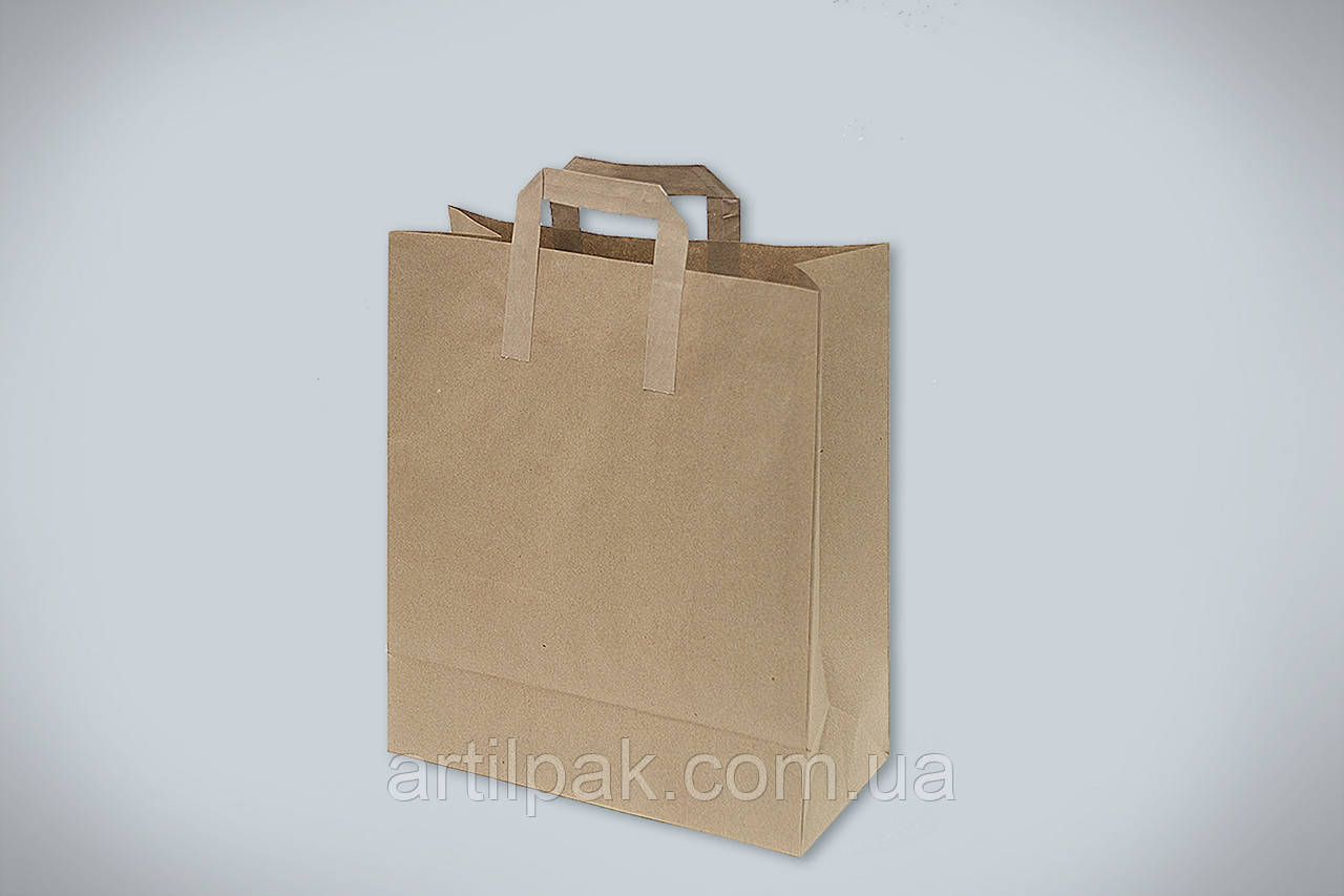 Паперовий пакет крафт коричневий, з пласкими ручками 335*260*140, фото 1