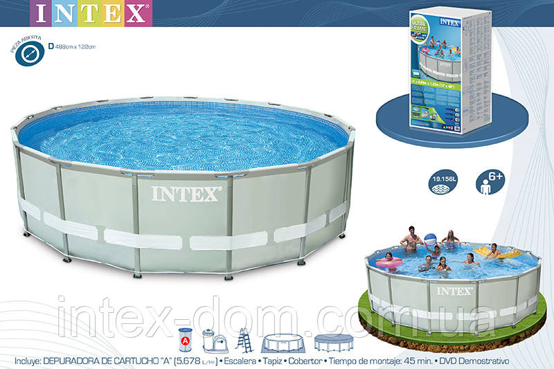 INTEX 28322 Басейн каркасний круглий 488х122 см (відео, фільтр-насос 5,6 м3/год 220 В, сходи, настил, тент)