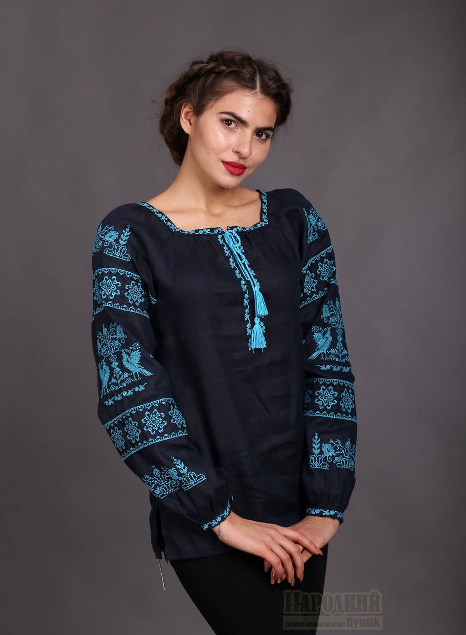 

Вышиванка женская Птица волшебства с темно - синего льна 54 размер, Синий