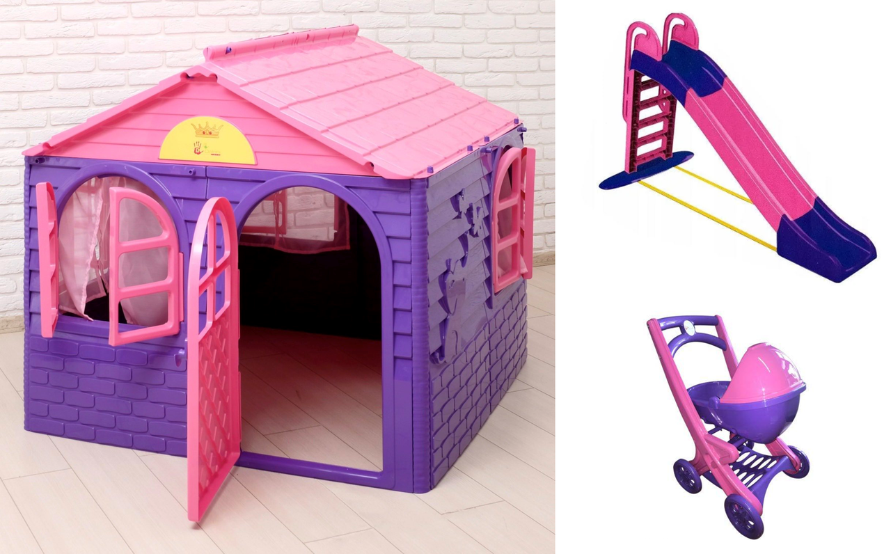 

АКЦИЯ НАБОР Детский средний домик со шторками, большая детская горка и коляска ТМ Doloni