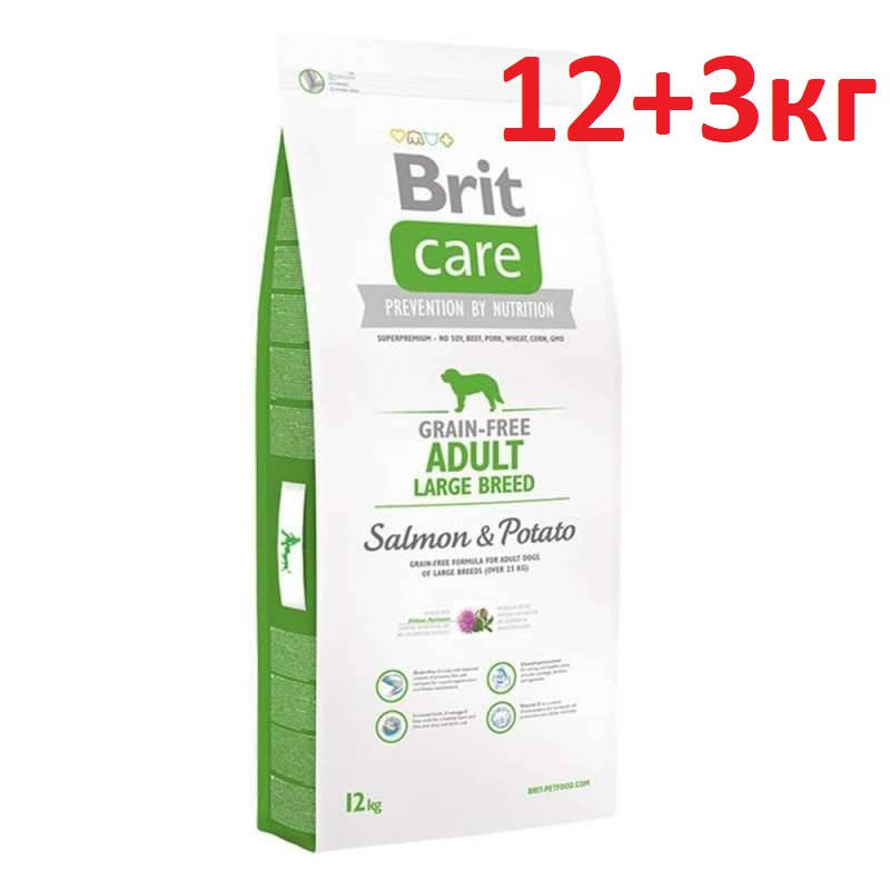 

Акция 12+3кг Brit Care Grain-free Adult Large Breed Salmon с лососем для взрослых собак крупных 12кг